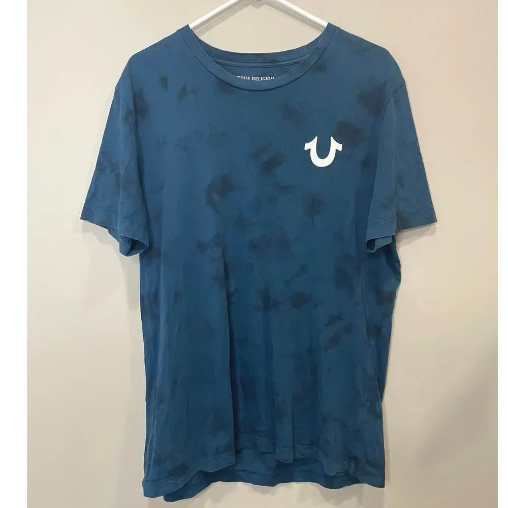 True Religion World Tour Blue Graphic Logo Buddha Crew Neck Tee Men's Large